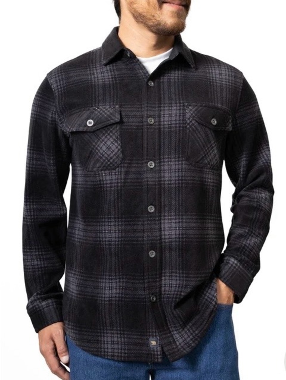 Men's Black “Grizzly Flex” Plaid & Plush Button-Down Shirt Jacket